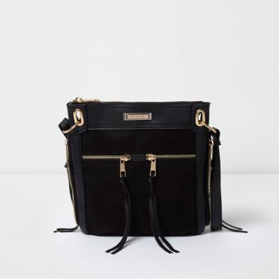 Black zip front mini messenger bag